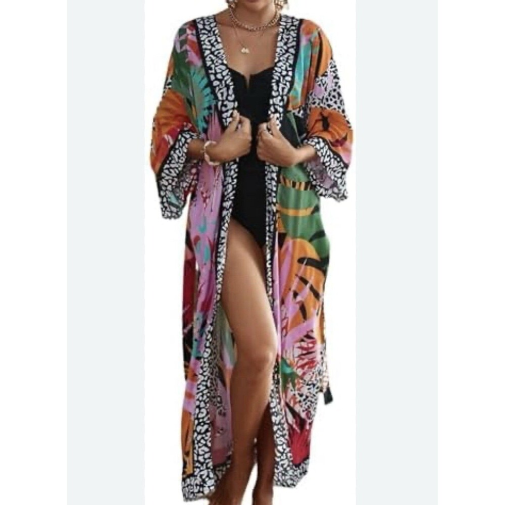 Bohemian Allover Tropical Print Long Sleeve Kimono Beach Dress Coverup - no belt